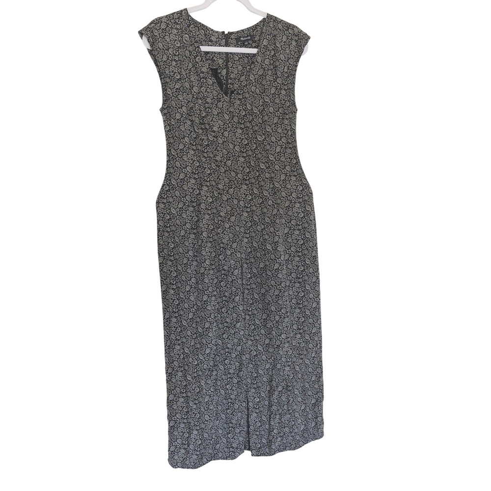 Madewell‎ Paisley Maxi Dress Black White Cupro Viscose V-Neck Front Slit